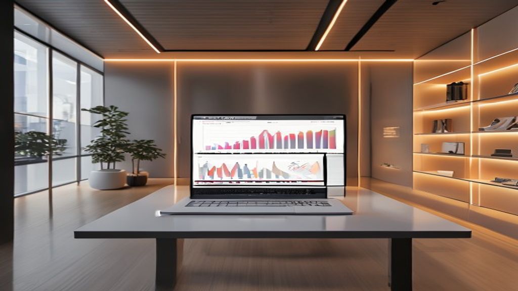 An elegant, modern retail brand workspace with a clean laptop displaying analytical conversion charts, warm soft Rembrandt lighting, cinematic 85mm lens, f/1.8