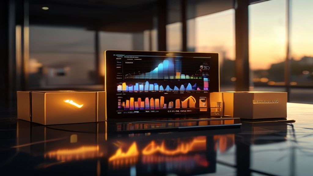 Cinematic shot of digital tablet with sales charts, glowing parcel boxes, elegant dark background, golden hour lighting, 85mm lens, f/1.8