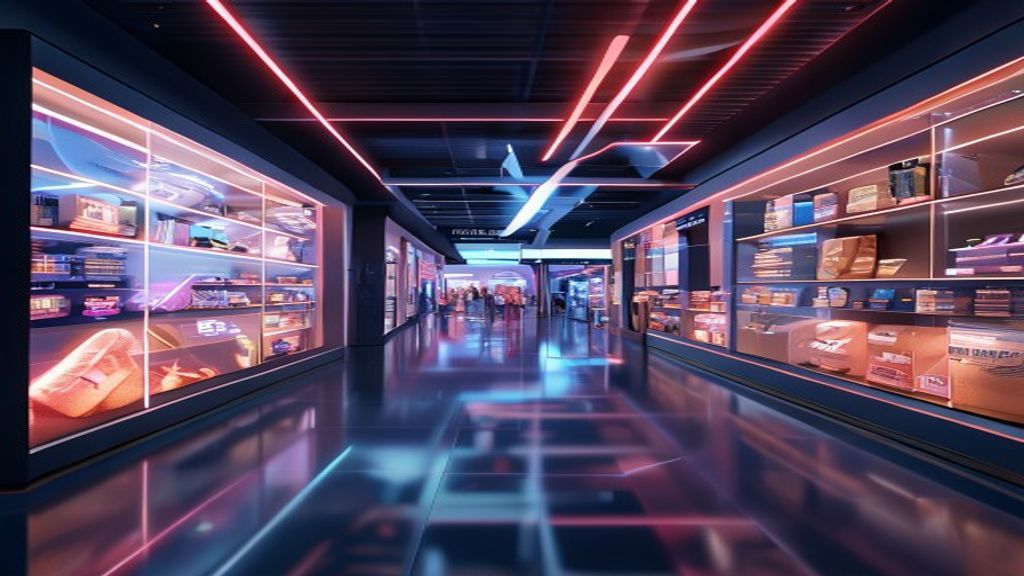 A dramatic, high-end photographic shot of a futuristic retail shipping hub with holographic interfaces, cinematic soft Rembrandt lighting, 85mm lens, f/1.8