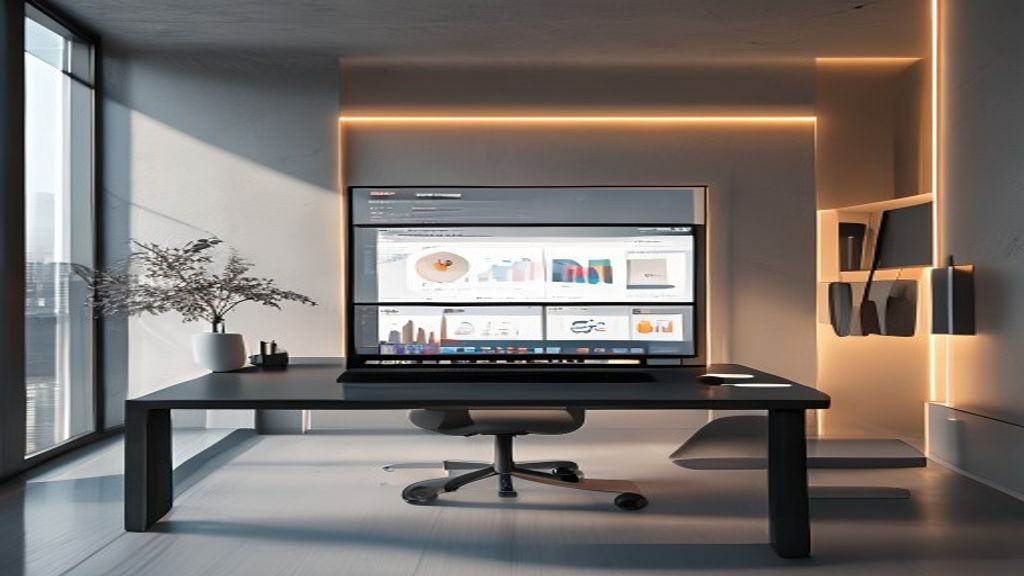 Minimalist modern workspace with laptop showing online sales dashboard, soft Rembrandt lighting, cinematic composition, 85mm lens, f/1.8
