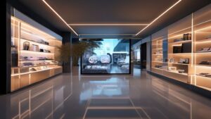 Sleek tablet displaying a modern digital shop, soft Rembrandt lighting, cinematic business office setting, 85mm lens, f/1.8.