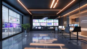 A highly professional, modern digital agency workspace with soft Rembrandt lighting, cinematic 85mm lens f/1.8 photographic detail, showing eCommerce analytic dashboards